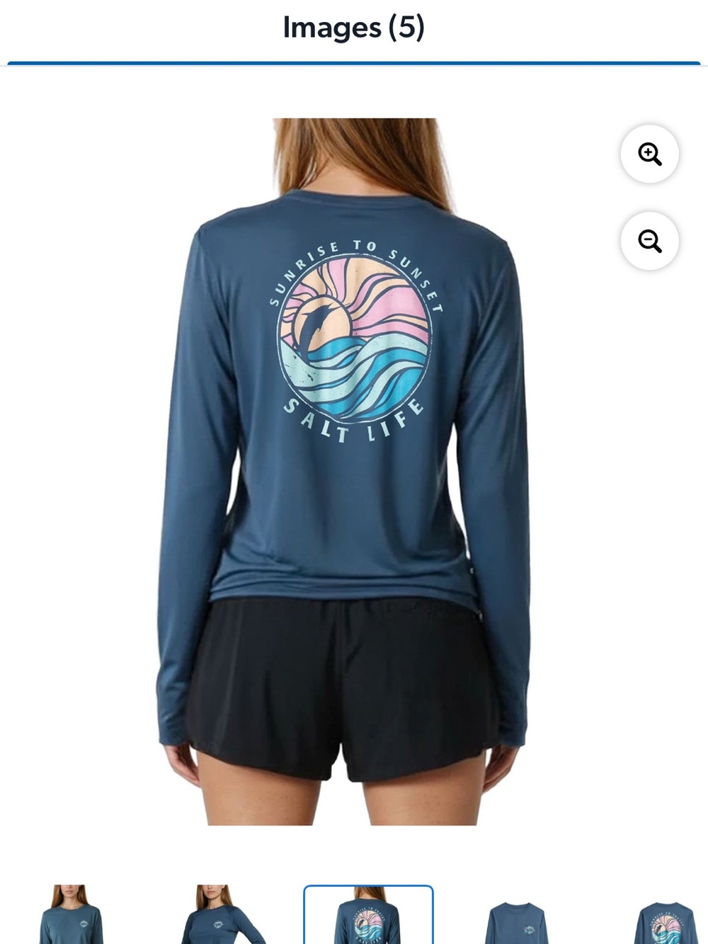 Salt Life Women's Navy Tee with Pink, Tan, Light Blue & Aqua Sunrise Graphic
